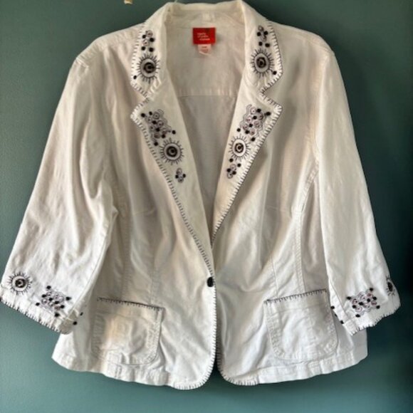 Hearts of Palm White 20W Blazer Jacket Embroidered Boho Artsy Floral 3/4 Sleeve - Picture 1 of 7